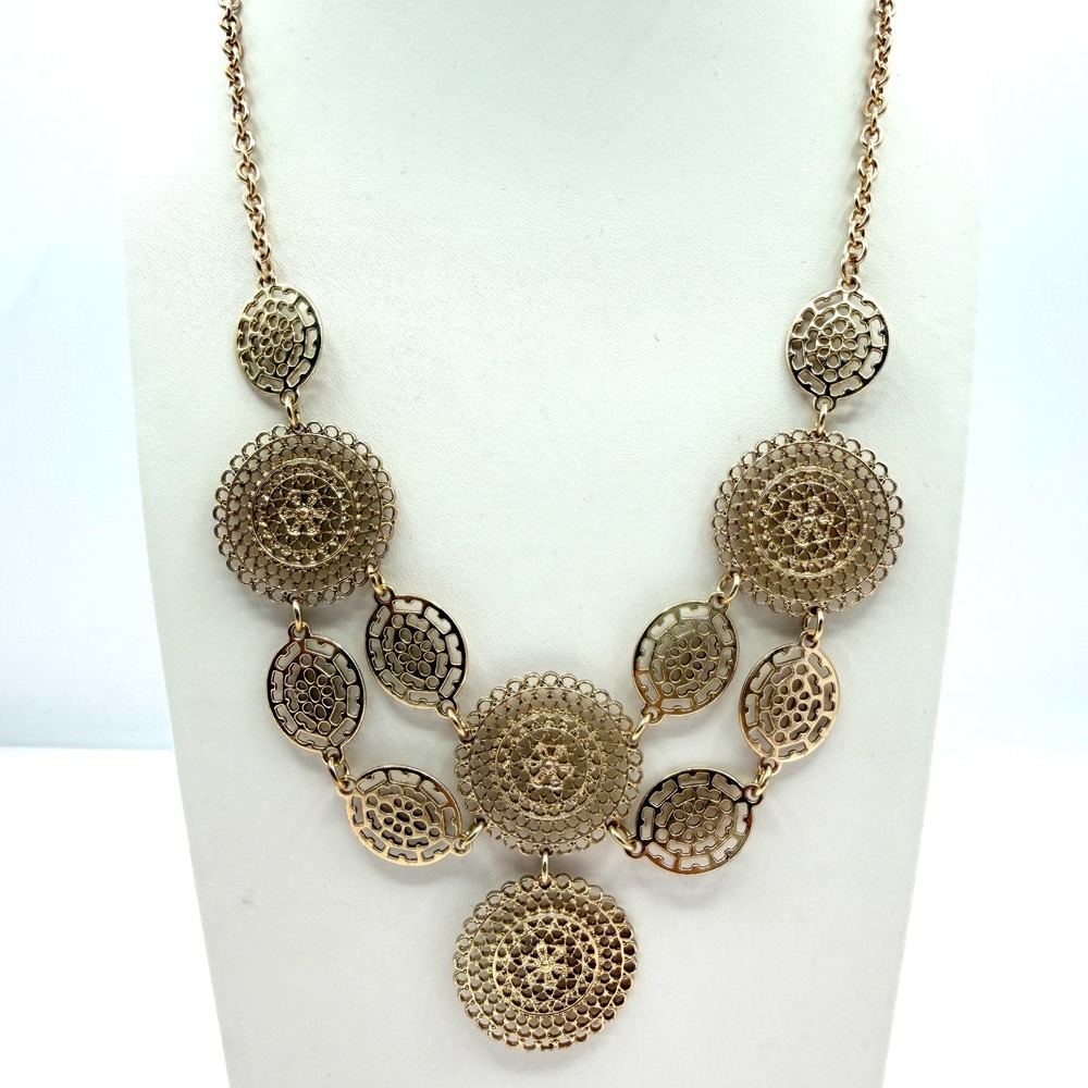 Vintage Gold Tone Filigree Bib Necklace Multi Tier Boho 90s